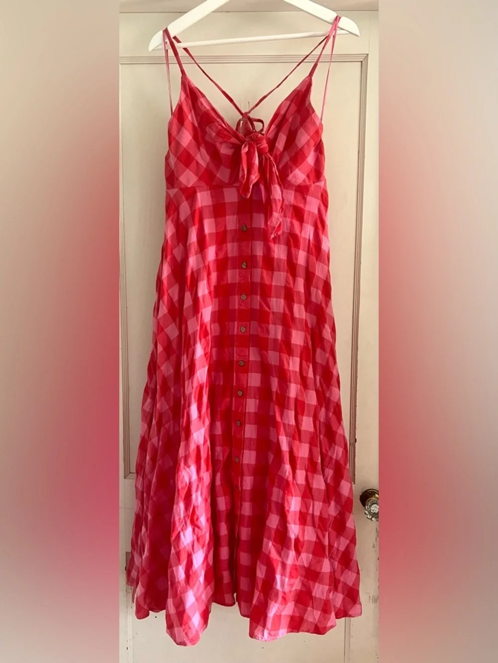 Free People Via Midi Dress In a Bohemian Red Gingham Print Size Small NWT - Picture 2 of 13